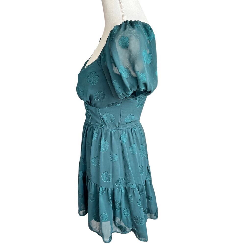 Trixxi green floral mini dress puff sleeve feminine tiered fit & flare size xs - Picture 4 of 9